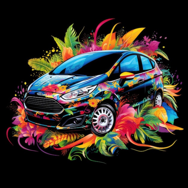 Transformando o Ford Fiesta Uma vibrante pintura a óleo japonesa em uma camiseta com ilustração inteligente