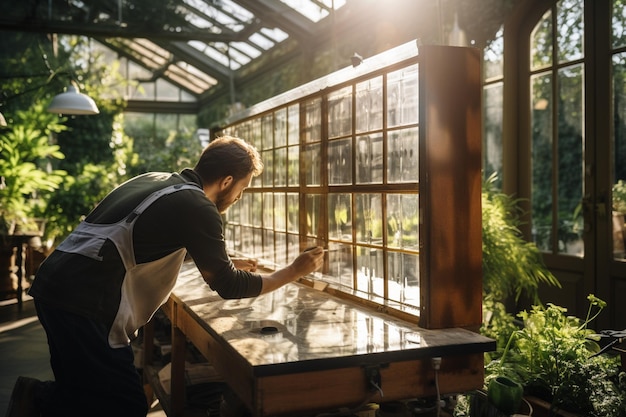 Transformando plantas em lucro Jovem bonito de avental cuidando de vasos de plantas em pé em um pequeno centro de jardinagem