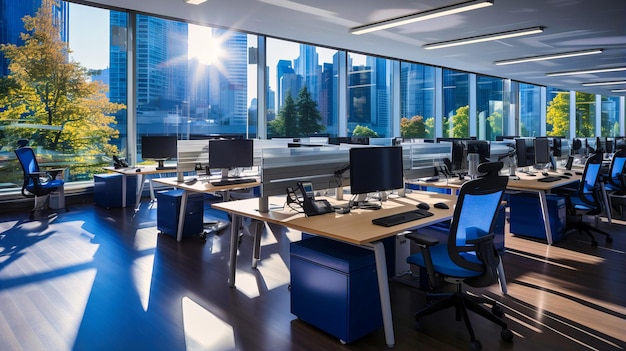 Transformar su espacio de trabajo con este interior de oficina moderno El diseño limpio amplia luz natural y tecnología avanzada crean un ambiente propicio para el trabajo y la creatividad