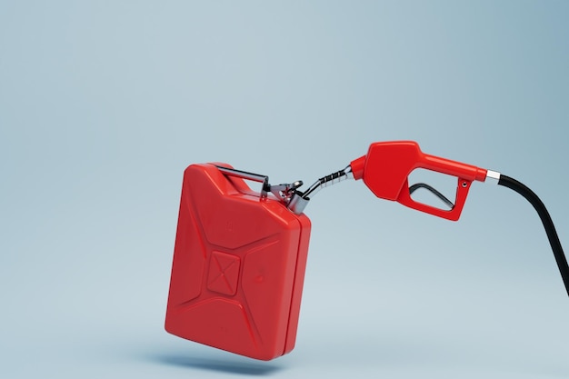 Foto transfusão de combustível em uma vasilha uma pistola de reabastecimento e uma vasilha de combustível vermelha sobre fundo azul