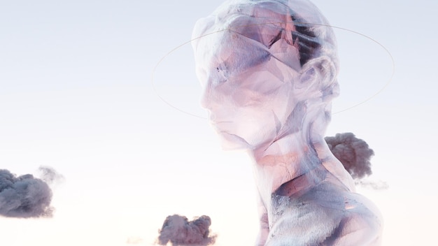 A translucent ethereal bust with a celestial orb orbiting it set against a pastel sky this surreal