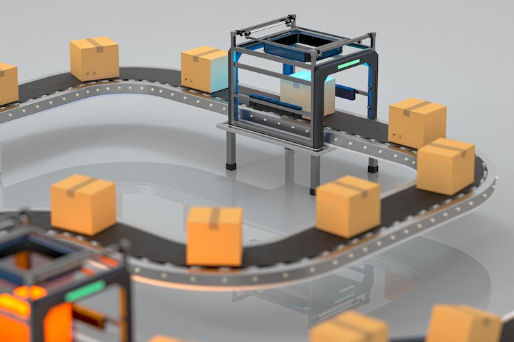 Foto transmisión de caja de embalaje en la cinta transportadora renderizado 3d