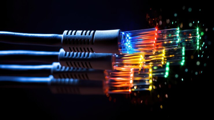 Foto transmisión de datos digitales y flujo a través de cables de internet en la pantalla