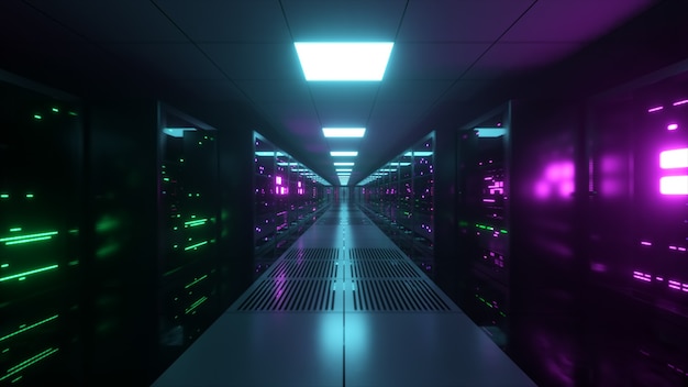 Transmissão digital de dados para servidores de dados atrás de painéis de vidro em uma sala de servidores de data center. Linhas digitais de alta velocidade. Ilustração 3D