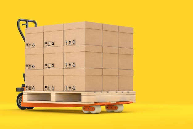 Transpaleta manual con cajas de cartón sobre palet de madera sobre un fondo amarillo. Representación 3D