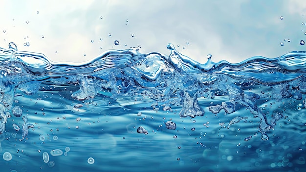 Transparente blaue klare Wasseroberflächentextur mit Wellen, Spritzen und Blasen
