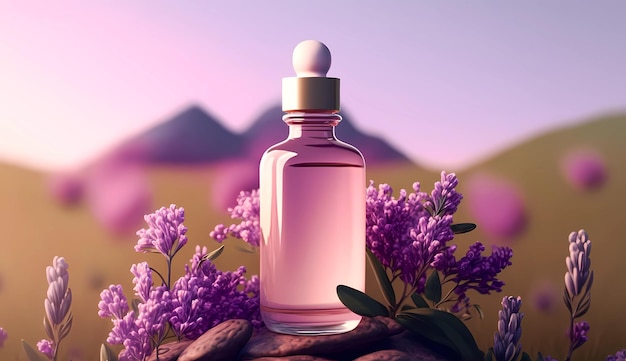 Transparente Flasche, umgeben von Lavendel, für die Präsentation und Präsentation von Schönheitsprodukten