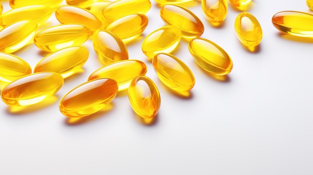 Transparente gelbe Vitamine auf hellem Hintergrund Vitamin D Omega 3 Omega 6