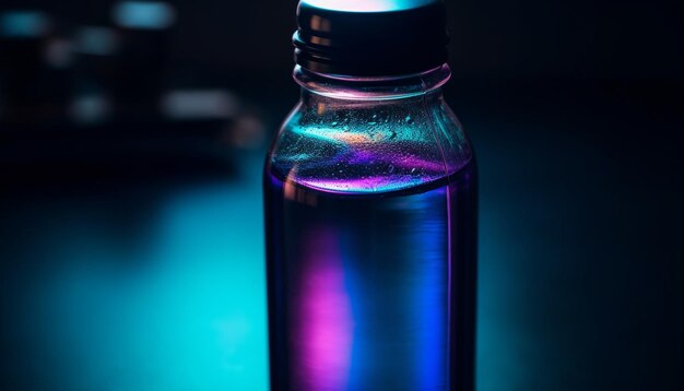 Foto transparente glasflasche mit blauer flüssigkeit und einem einzelnen tropfen, erzeugt durch künstliche intelligenz