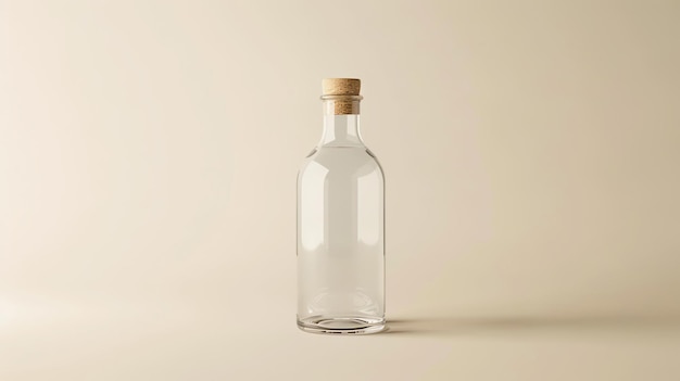 Transparente Glasflasche mit Korkstopfen Isoliert auf beige Hintergrund 3D-Rendering