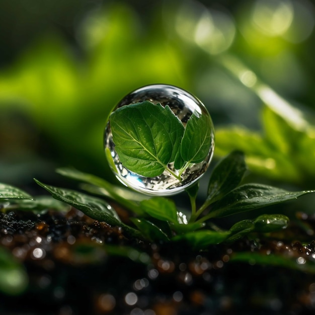 Transparente Glaskugel mit einer grünen Pflanze im Naturkonzept