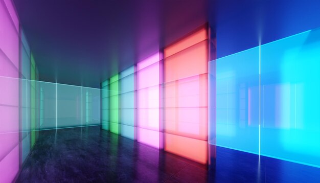 Transparente Glaswand mit Farbverlauf und leuchtende Glastafel