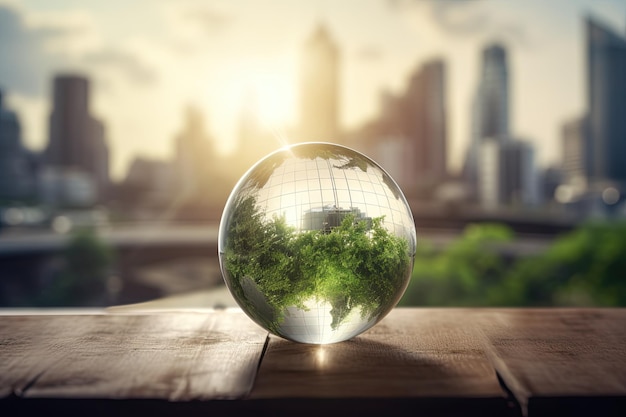 Transparente grüne Kugel der Erdwelt mit Stadtlandschaft im Hintergrund Nachhaltigkeitskonzept