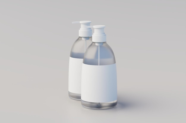 Foto transparente kunststoff-pumpflasche mock up flüssigseife shampoo-spender mehrere flaschen 3d-rendering