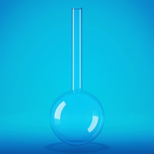 Transparente Laborflasche aus Glas. Blauer Hintergrund der Flasche. 3D-Rendering.