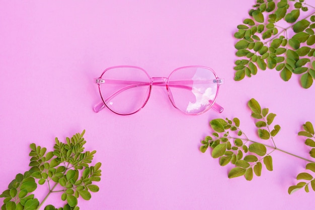 Transparente rosa Brille auf pastellrosa Papierhintergrund mit grünem Blattzubehör