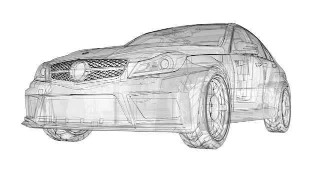 Transparente superschnelle Sportwagen abgegrenzte Linien auf weißem Hintergrund. Limousine in Körperform. Tuning ist eine Version eines gewöhnlichen Familienautos. 3D-Rendering.