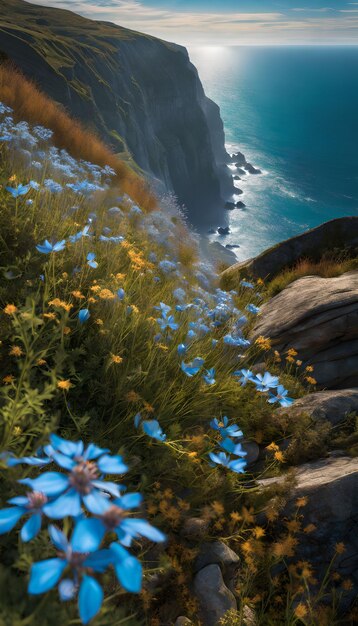 Transparente Wildblumen-Tapete an den Klippen
