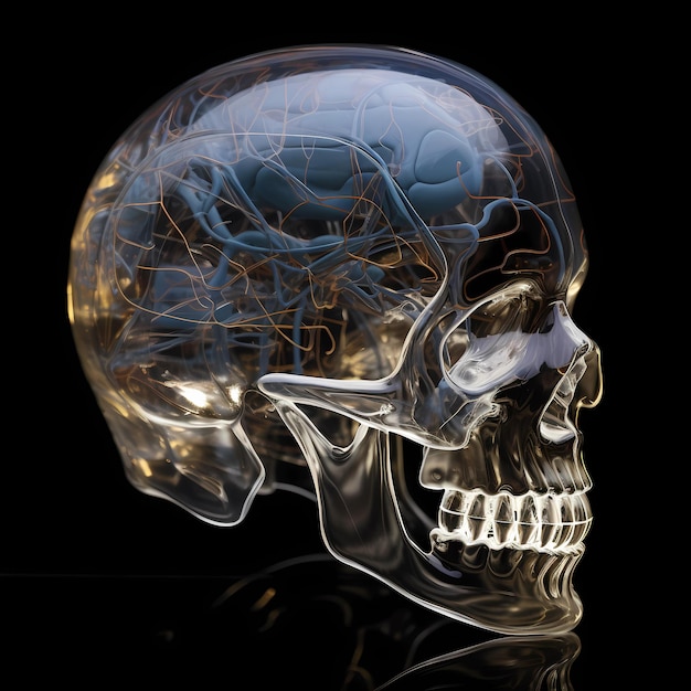 Transparenter Cyberschädel, der vom menschlichen Gehirn im Inneren gesehen wird