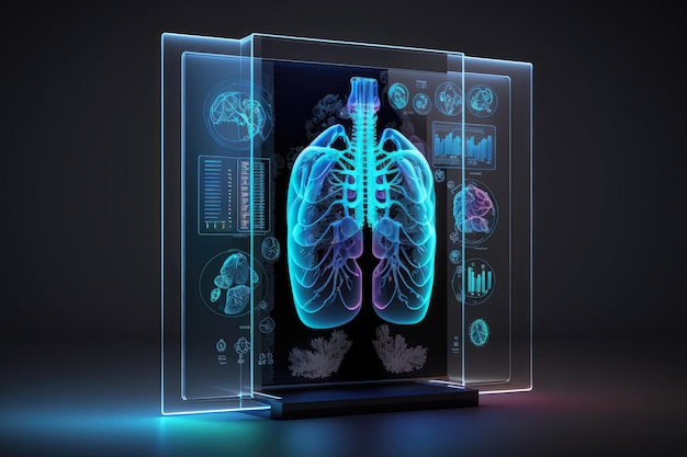 Transparenter holografischer Bildschirm zur Anzeige medizinischer Informationen mit futuristischem Design