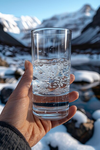 Transparentes Glas mit Trinkwasser aus den Bergen in der Hand auf dem Hintergrund eines Bergflusses Das Konzept des Trinkens von Mineralwasser