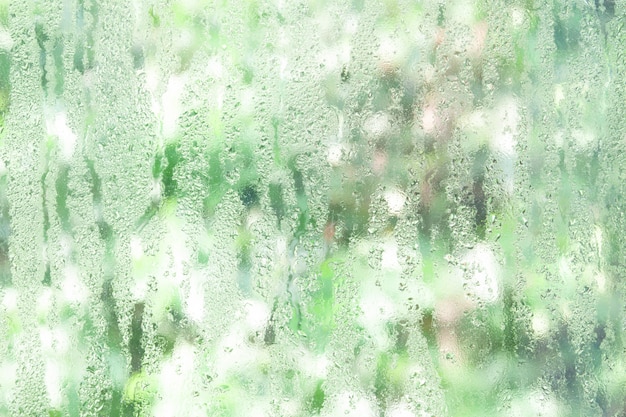 Transparentes Glasfenster mit Wassertropfen, grüne Natur für Hintergrund