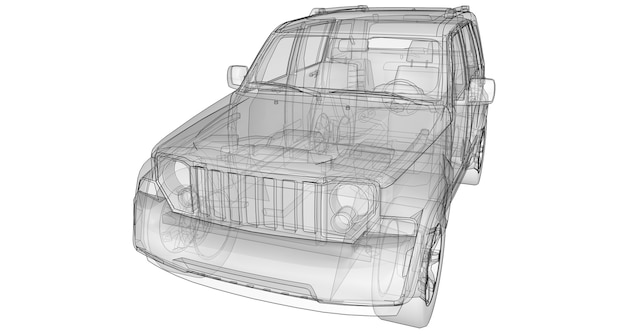 Transparentes SUV mit schlichter gerader Linienführung der Karosserie. 3D-Rendering.