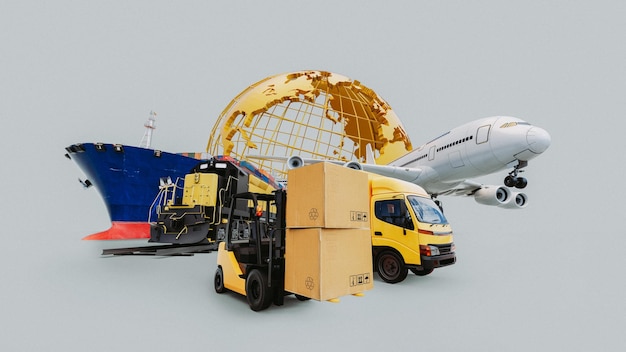 Transport von Gütern in verschiedenen Formen mit Fahrzeugen auf Land, Wasser und Luft
