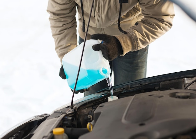 Transport-, Winter- und Fahrzeugkonzept - Nahaufnahme eines Mannes, der Frostschutzmittel in den Wassertank der Windschutzscheibe gießt