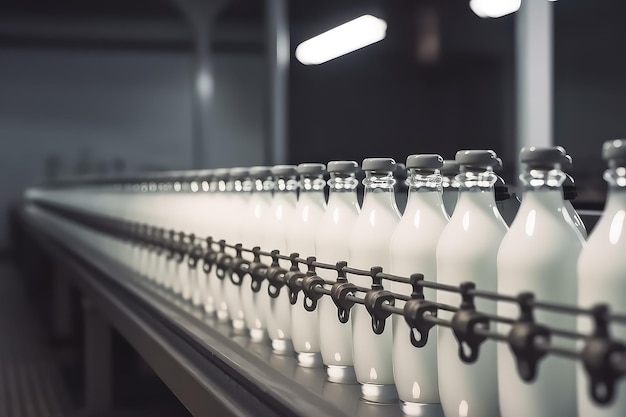 Transportador con botellas de leche en fábrica AI