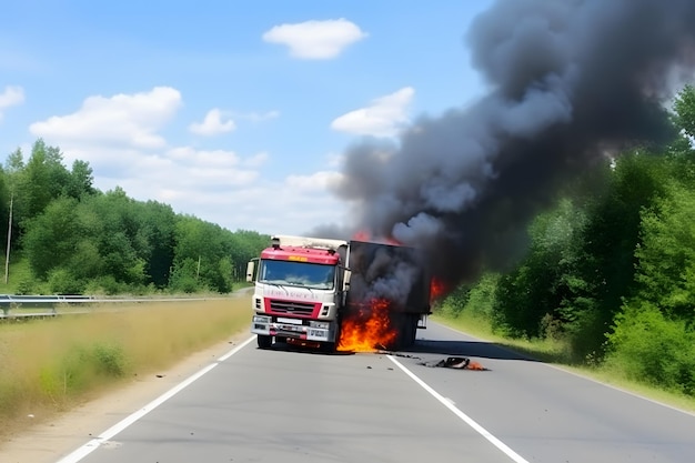 Transportador de combustível em chamas Camião a arder na estrada Rede neural gerada pela IA