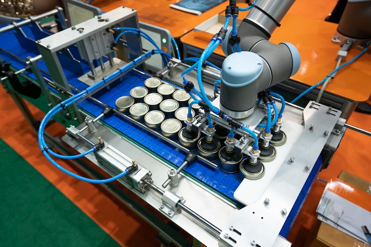 Foto transportador para la producción de latas en fábrica. latas cerradas industria de conservas.