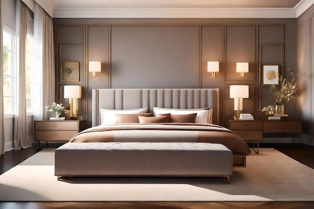 Transpórtate a un reino virtual de belleza con una representación 3D de un dormitorio elegante
