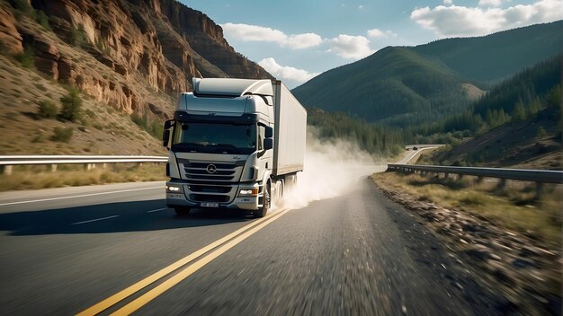 El transporte de camiones logísticos corre en la autopista 3d renderización e ilustración