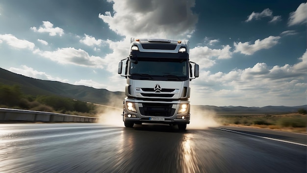 El transporte de camiones logísticos corre en la autopista 3d renderización e ilustración