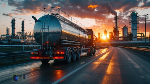 Foto transporte de combustible industrial al atardecer