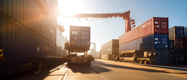 Transporte de importação de exportação no porto com contêiner sob a luz do sol
