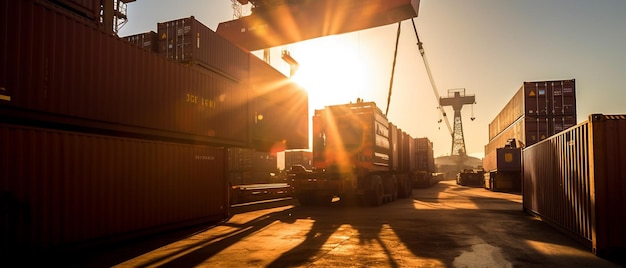 Transporte de importação de exportação no porto com contêiner sob a luz do sol