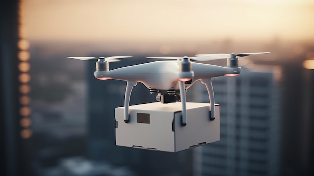Transporte deambular con una colosal caja blanca volando en la base de la ciudad nublada Recurso creativo Generado por IA