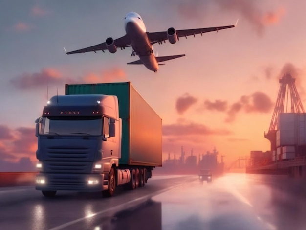 Transporte, importação, exportação, logística comercial, transporte, indústria, caminhão contêiner, navio em p