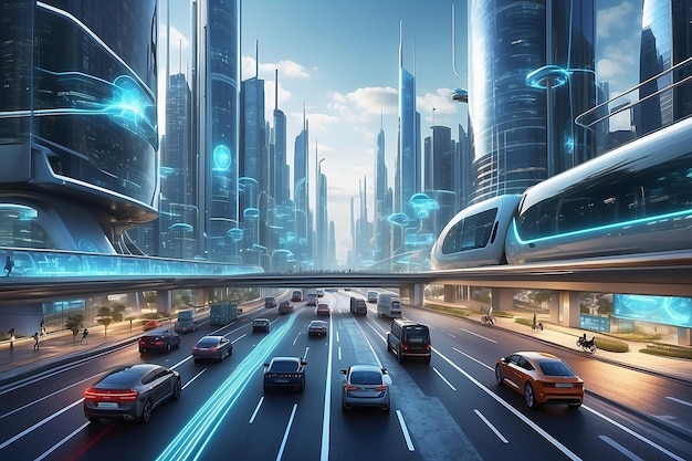 Foto transporte inteligente en la ciudad futurista tácita con sistema de control de tráfico en línea concepto de transformación digital inteligente y disrupción tecnológica que cambia las tendencias globales en la nueva era de la información