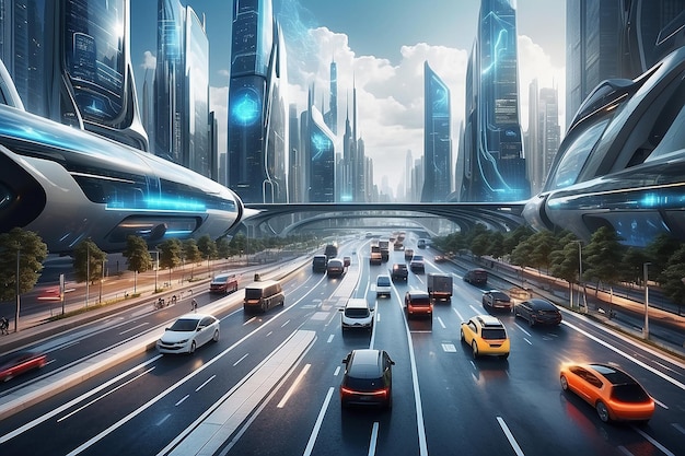 Foto transporte inteligente em cidade futurista tácita com sistema de controle de tráfego on-line conceito de transformação digital inteligente e disrupção tecnológica que muda as tendências globais na nova era da informação