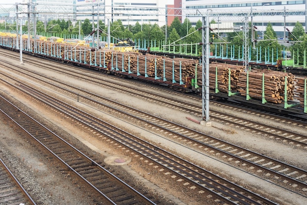 Transporte de madera en rollo en plataformas de carga en el ferrocarril, Finlandia