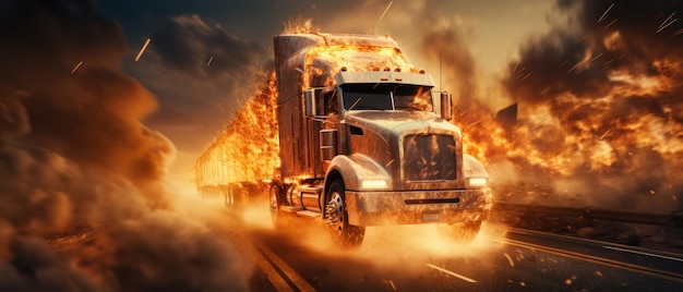 Foto transporte de mercancías un camión blanco que parece que se está quemando en llamas