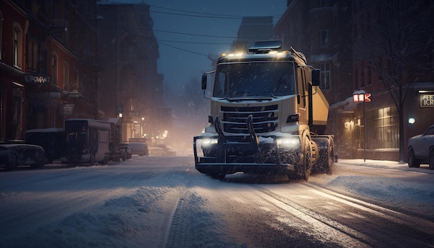 Transporte de mercancías que entrega contenedores de carga en carreteras de invierno resbaladizas al anochecer generadas por IA