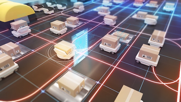 Transporte robótico y manipulación de carga utilizando la automatización en la gestión de productos.