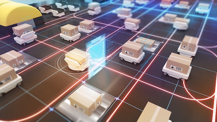 Foto transporte robótico y manipulación de carga utilizando la automatización en la gestión de productos.