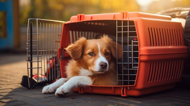 Transporte seguro de animais de estimação com cão em gaiola de transporte