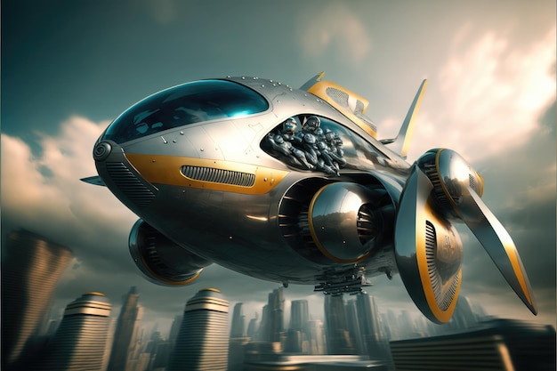 Transporte urbano volador futurista con motores eléctricos de alta velocidad creados con IA generativa