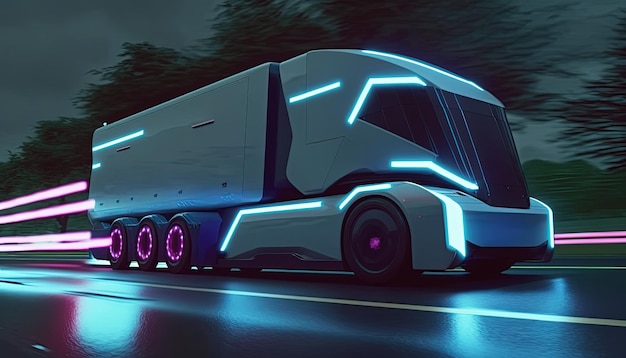 Transporte de vehículos eléctricos de camiones futuristas a alta velocidad en la autopista Generative Ai